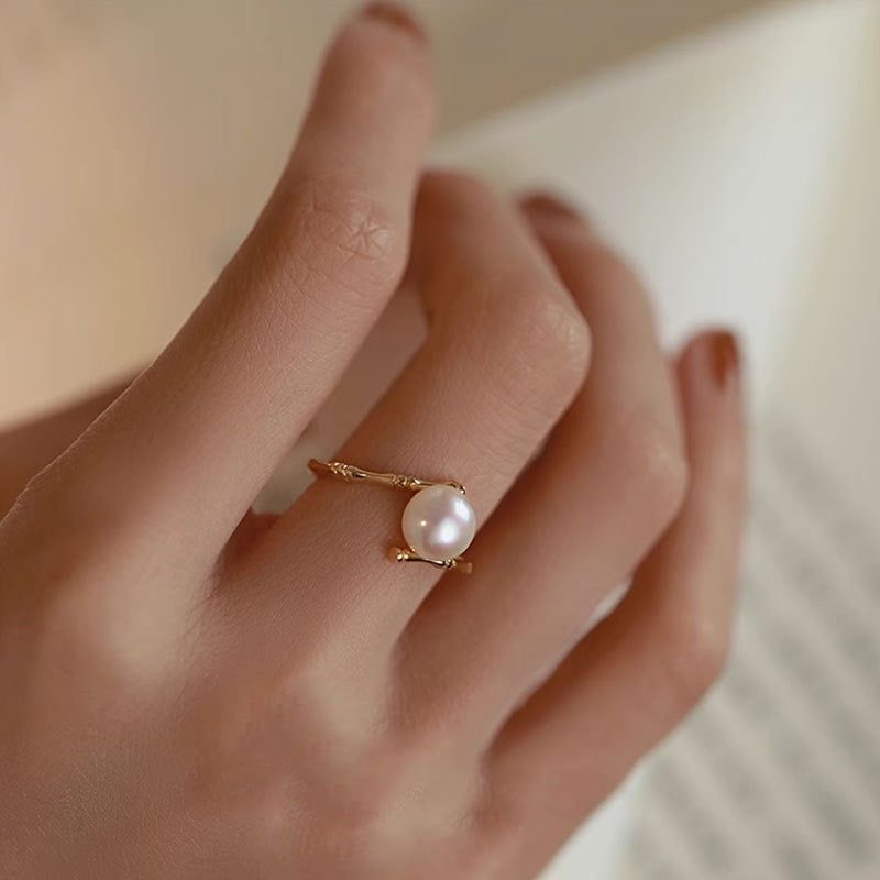 Bague en Argent Pur avec Perle d'Eau Douce en Forme de Bambou