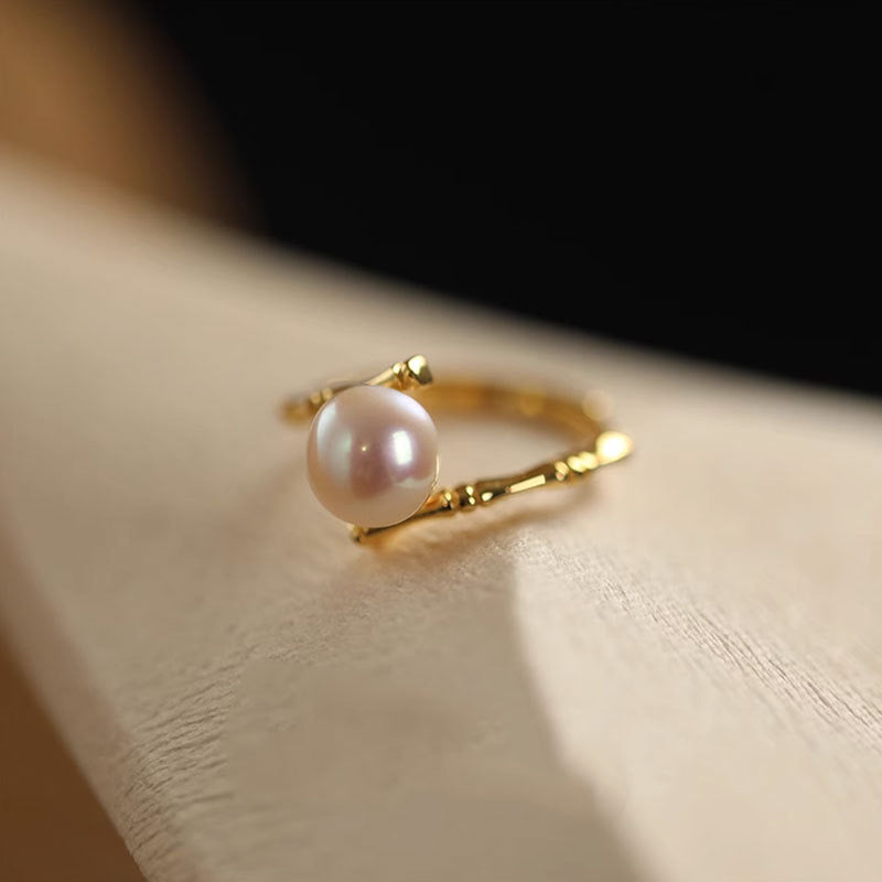 Bague en Argent Pur avec Perle d'Eau Douce en Forme de Bambou
