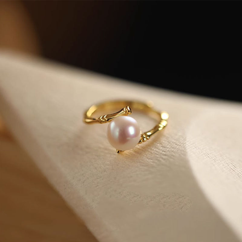 Bague en Argent Pur avec Perle d'Eau Douce en Forme de Bambou