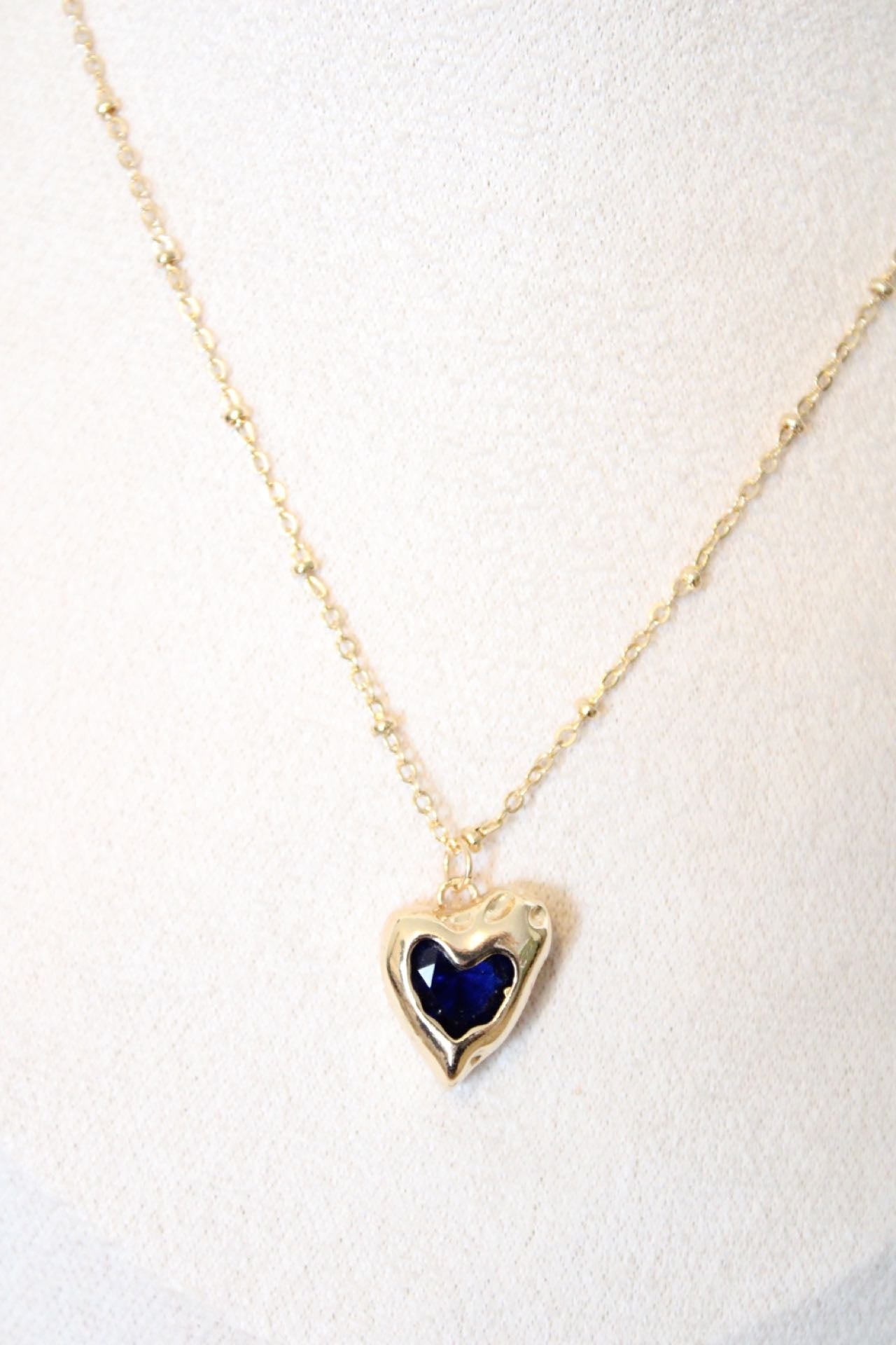 Collier cœur (bleu) en zircon, plaqué or 14k