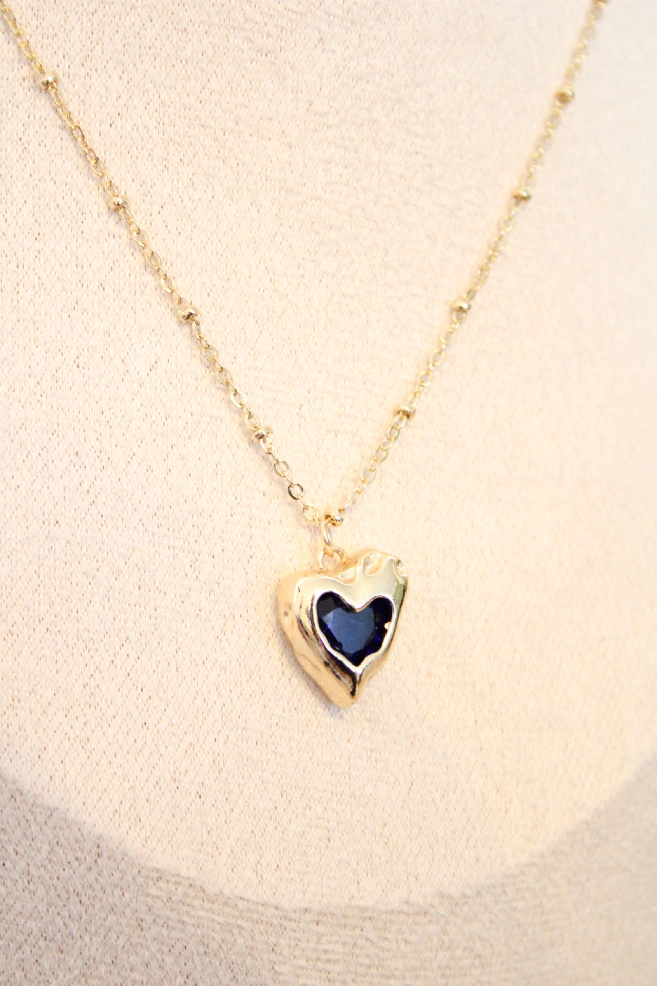 Collier cœur (bleu) en zircon, plaqué or 14k