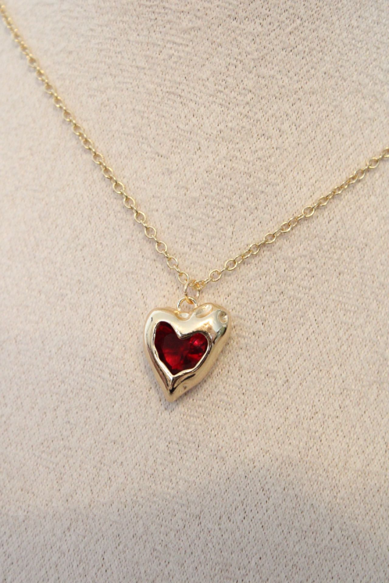 Collier cœur (rouge) en zircon, plaqué or 14k