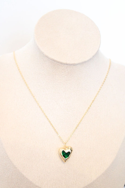 Collier cœur (vert) en zircon, plaqué or 14k